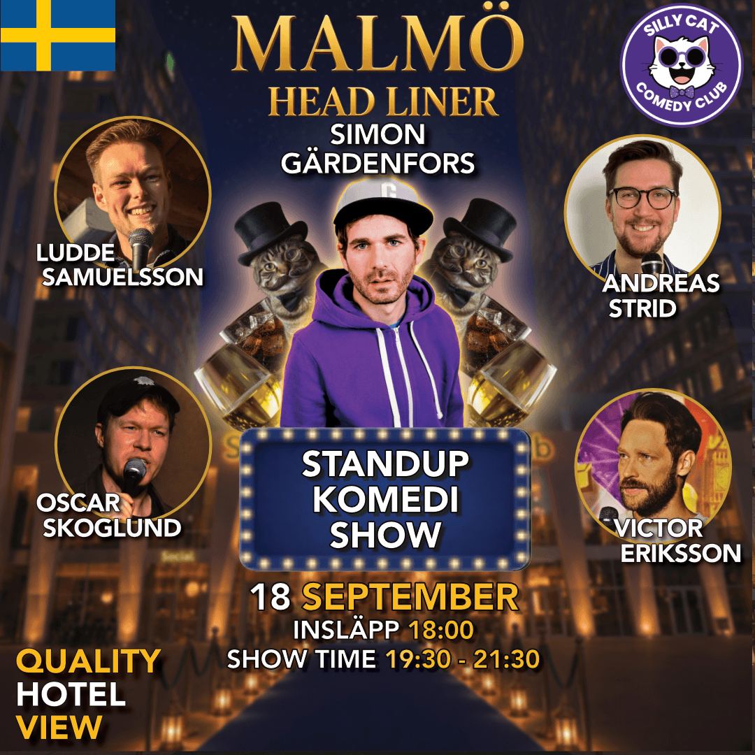 Fira Fredagen - Standup Komedi - Simon Gärdenfors - Svenska 18 September poster - Svenska 🇸🇪 comedy show at Quality Hotel View, Malmö