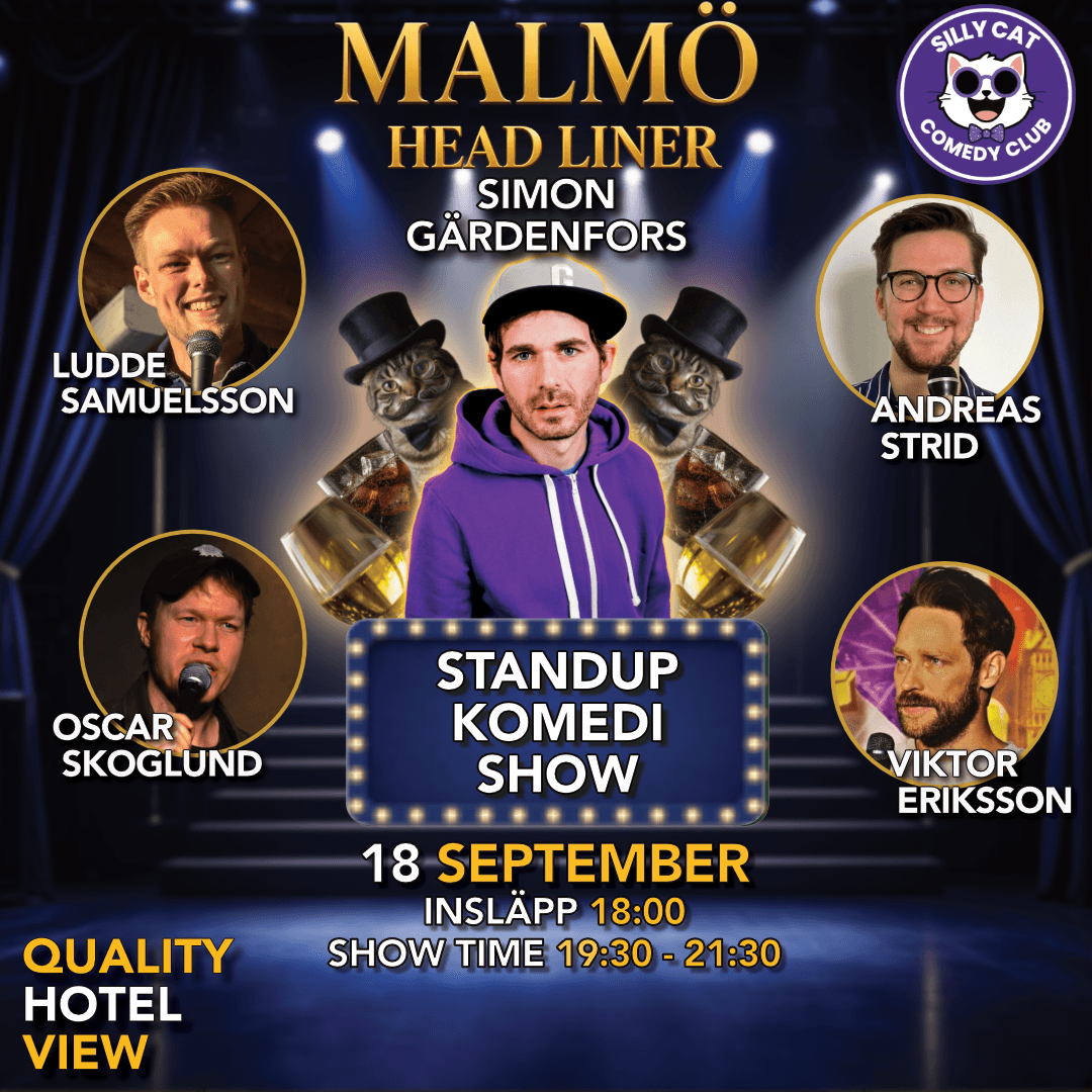 Fira Fredagen - Standup Komedi - Simon Gärdenfors - Svenska 18 September poster - Svenska 🇸🇪 comedy show at Quality Hotel View, Malmö