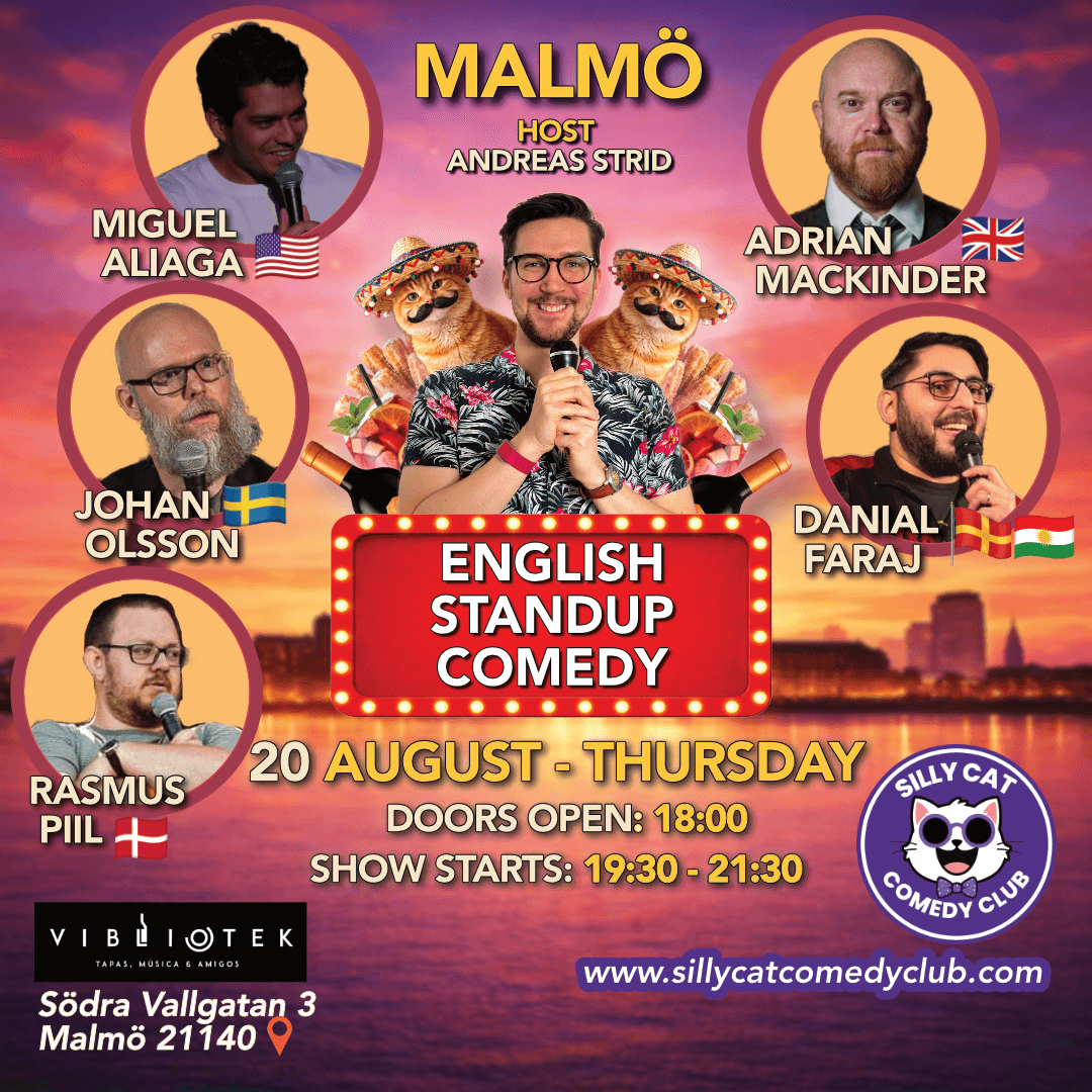 English Standup Malmö - 20th August poster - English 🇬🇧 comedy show at Vibliotek, Malmö